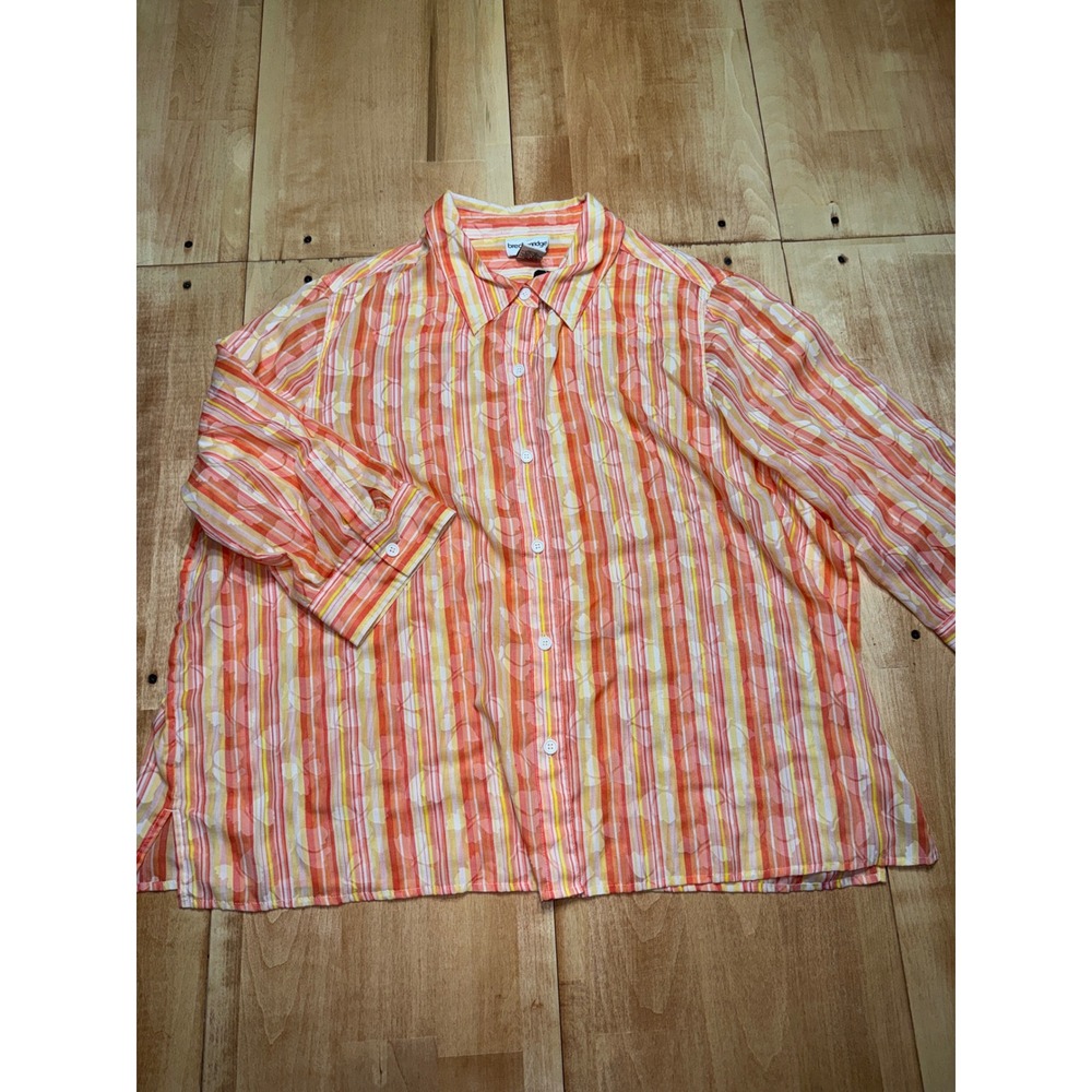 Breckenridge Woman Striped‎ Button Down Shirt Orange Yellow White Casual Top 2X